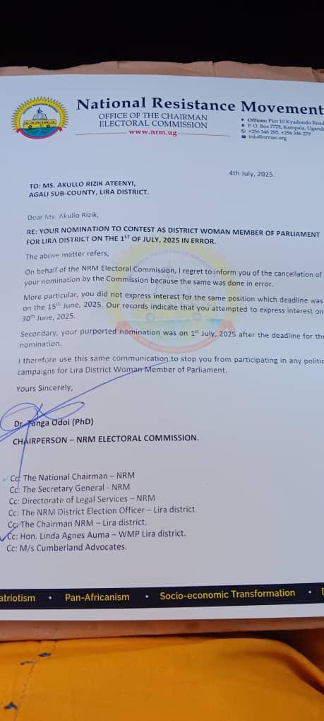 BETRAYAL DEFEATED: HON. LINDA AUMA REINSTATED AS UNOPPOSED NRM CANDIDATE FOR LIRA DISTRICT