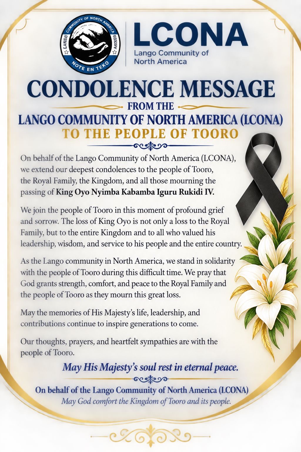 Lango Community of North America Mourns Passing of King Oyo, Offers Condolences to Tooro Kingdom